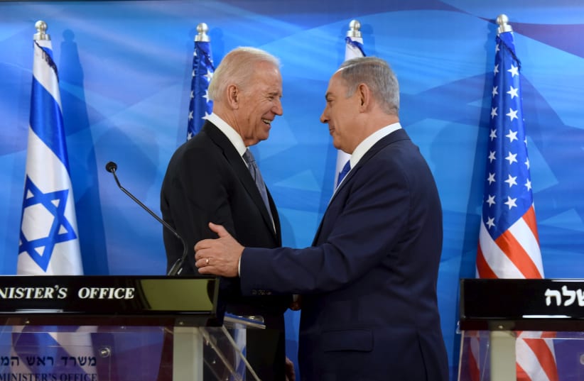 US Vice President Joe Biden (L) shakes hands with Israeli Prime Minister Benjamin Netanyahu as they deliver joint statements during their meeting in Jerusalem March 9, 2016 (photo credit: REUTERS/DEBBIE HILL/POOL)