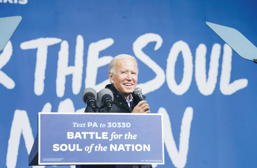  US Democratic presidential candidate Joe Biden speaks during a campaign event in Philadelphia, Pennsylvania, on Sunday.  (photo credit: KEVIN LAMARQUE/REUTERS)