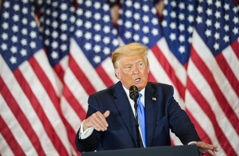 President Donald J. Trump speaks during an election event at the White House in the early morning hours on November 4, 2020 in Washington, D.C. Liberal Jews fear that even if the president is defeated, his ideology has not been repudiated.  (photo credit: JABIN BOTSFORD/THE WASHINGTON POST VIA GETTY IMAGES)
