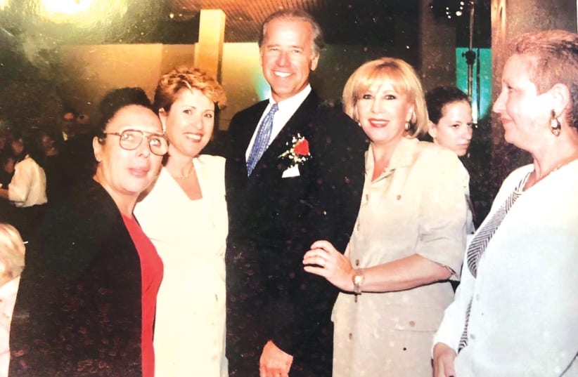 JOE BIDEN, flanked by (from left) Greer Fay Cashman, Sarah Davidovich and other admirers. (photo credit: COURTESY SARAH DAVIDOVICH)
