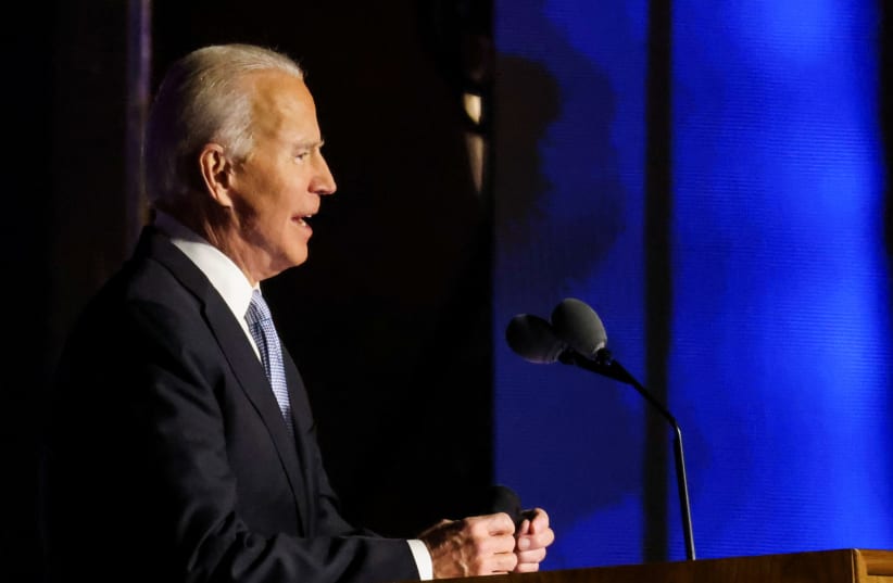 Democratic 2020 US presidential nominee Joe Biden speaks at his election rally, after news media announced that Biden has won the 2020 US presidential election, in Wilmington, Delaware, US, November 7, 2020. (photo credit: JONATHAN ERNST / REUTERS)