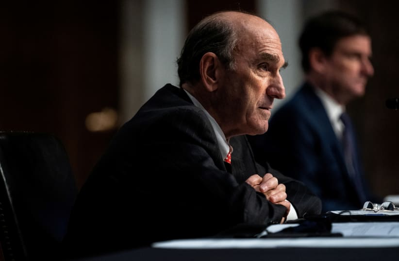 Elliott Abrams, special representative for Iran and Venezuela at the State Department testifies before the Senate Foreign Relations Committee during a hearing on U.S. Policy in the Middle East, on Capitol Hill in Washington, DC, U.S., September 24, 2020 (photo credit: ERIN SCHAFF/POOL VIA REUTERS)