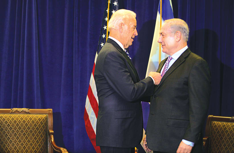 JOE BIDEN, then-US vice president, speaks with Prime Minister Benjamin Netanyahu during a meeting in New Orleans, Louisiana, in 2010. (photo credit: LEE CELANO/REUTERS)