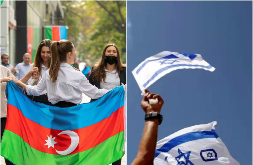 The Azeri flag and Israeli flag are seen being waved. (photo credit: REUTERS/STRINGER/AMIR COHEN)