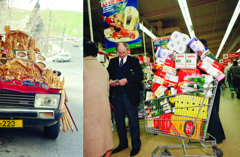 WORKS BY Martin Parr: Bethlehem, 1995, (left) and Auchan hypermarket, Calais, France, 1988. (photo credit: MARTIN PARR COLLECTION/MAGNUM PHOTOS)