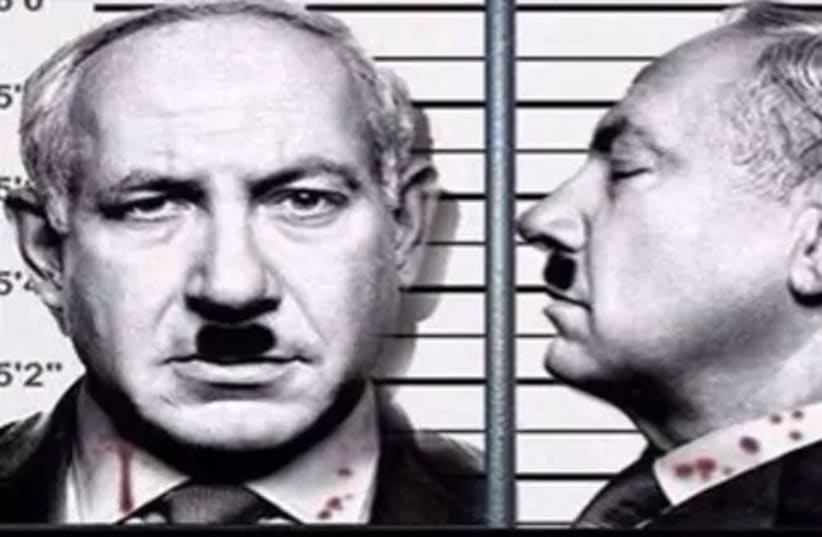 Image of Prime Minister Benjamin Netanyahu with an Adolf Hitler mustache, taken from Palestianian social media (photo credit: screenshot)