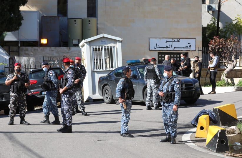 Members of the Lebanese police gather outside Baabda prison, Lebanon, November 21, 2020. (photo credit: REUTERS)