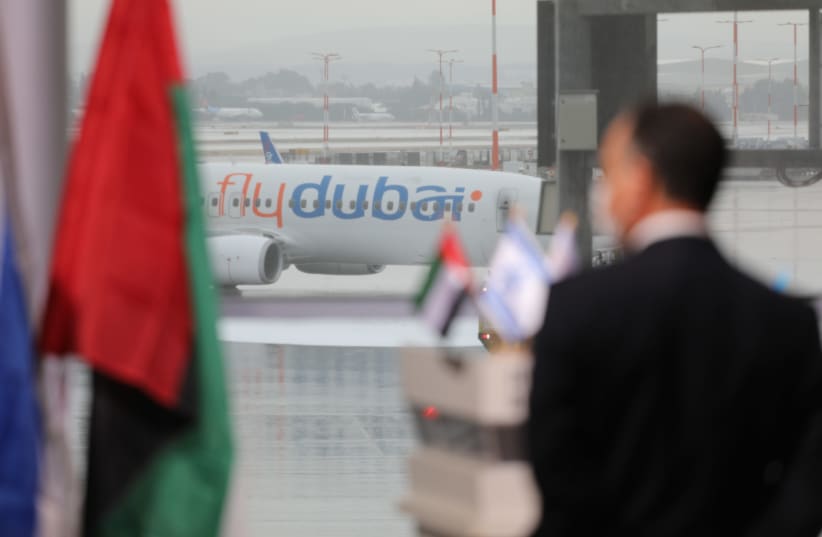 Flydubai flight to Israel from the UAE (photo credit: EMIL SALMAN/POOL)