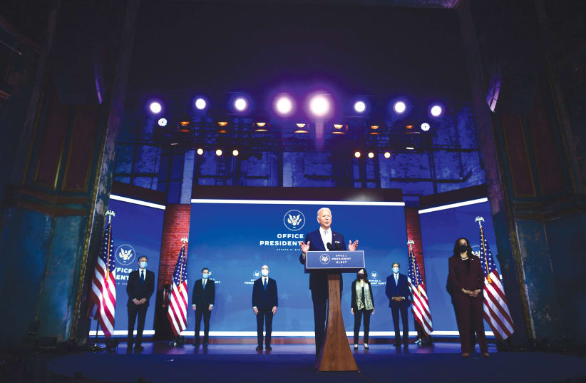President-elect Joe Biden introduces key foreign policy and national security nominees and appointments at the Queen Theatre in Wilmington, Delaware, on Tuesday. (photo credit: MARK MAKELA/GETTY IMAGES/TNS)