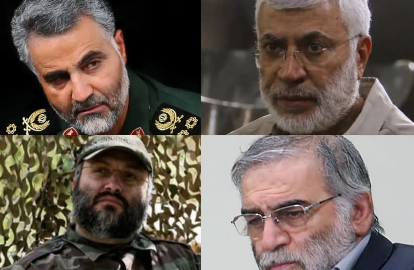 Clockwise from top left: Qasem Soleimnani ,Abu Mahdi al-Muhandis, Mohsen Fakhrizadeh, Imad Mughniyeh (photo credit: CANVA.COM)