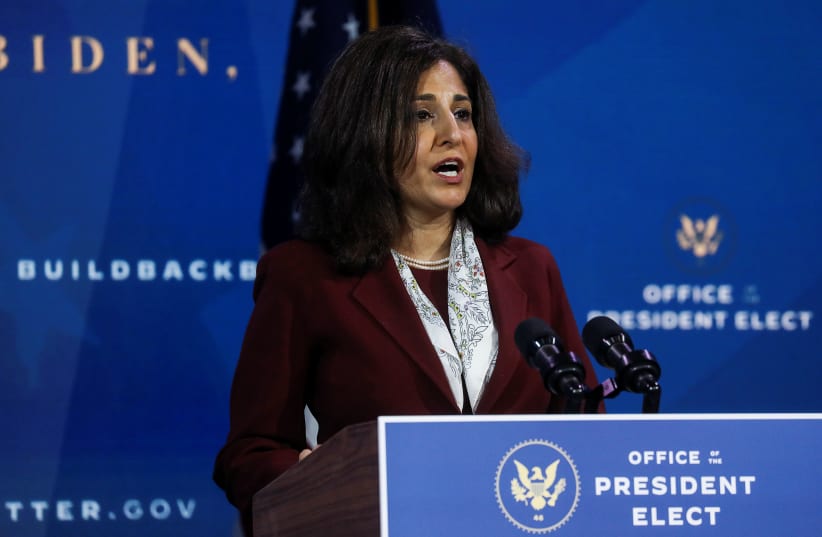 Neera Tanden, US President-elect Joe Biden's nominee to be director of the Office of Management and Budget (OMB), speaks as President-elect Joe Biden announces nominees and appointees to serve on his economic policy team at his transition headquarters in Wilmington, Delaware, US, December 1, 2020. (photo credit: REUTERS)
