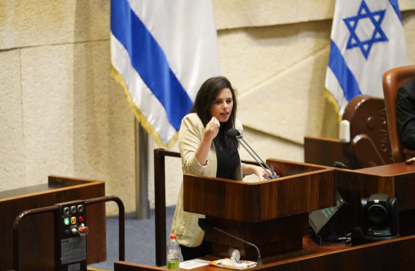 Yamina MK Ayelet Shaked is seen guesturing amid the preliminary vote to dissolve the Knesset on December 2, 2020. (photo credit: KNESSET SPOKESPERSON/DANI SHEM TOV)