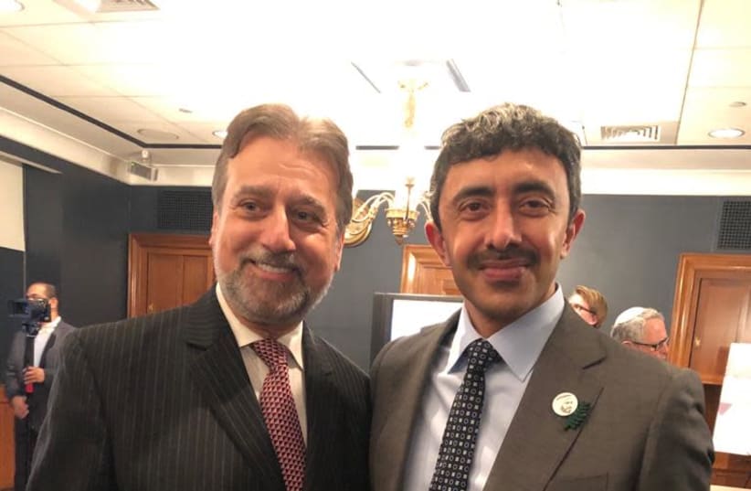  Rabbi Elie Abadie (L) with UAE Foreign Minister Abdullah bin Zayed Al Nahyan. (photo credit: Courtesy)
