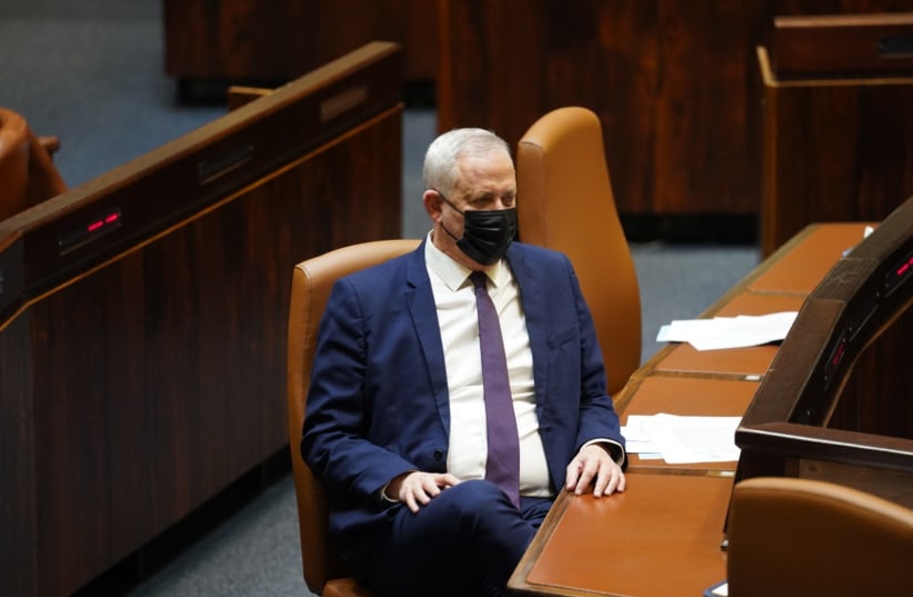 Defense Minister Benny Gantz in the Knesset plenum, December 12, 2020. (photo credit: DANI SHEM TOV/KNESSET SPOKESPERSONS OFFICE)