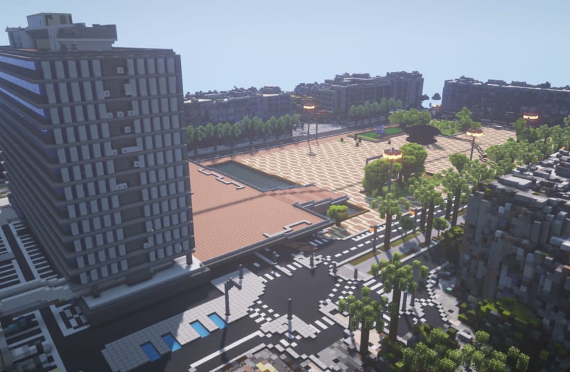 Rabin Square, Tel Aviv, is the latest major landmark to be rendered in 'Minecraft' in one of BTE Israel's big collaborative events. is seen in Build The Carth (photo credit: BTE ISRAEL)