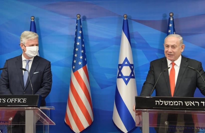 Prime Minister Benjamin Netanyahu is seen meeting with US National Security Advisor Robert O'Brien on December 13, 2020. (photo credit: AMOS BEN-GERSHOM/GPO)