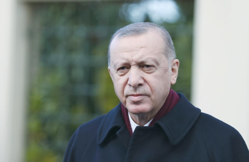 TURKISH PRESIDENT Recep Tayyip Erdogan talks to media following the Friday prayers in Istanbul last week. (photo credit: REUTERS)