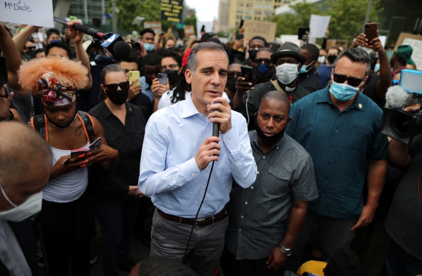 Mayor of Los Angeles Eric Garcetti speaks during a protest against the death in Minneapolis police custody of George Floyd, in Los Angeles, California, U.S. June 2, 2020.  (photo credit: REUTERS)