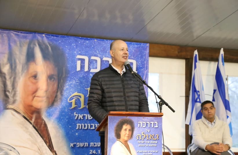 Minister Tzachi Hanegbi speaks at the ceremony where the cornerstone of Geula's Cabin, a memorial project for Geula Cohen, is laid. (photo credit: Courtesy)