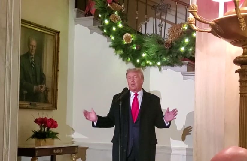 US President Donald Trump speaks at the White House Hanukkah Party on December 9, 2020. (photo credit: TWITTER/@USHI_TEITEL/REUTERS)