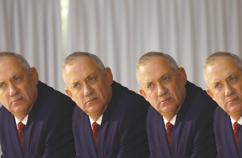ALTERNATE PRIME MINISTER Benny Gantz – alone at the top of Blue and White. (photo credit: REUTERS/COLLAGE BY DANIEL FEIGEL)