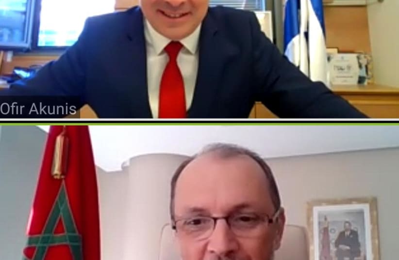 A screenshot of the conversation between Regional Cooperation Minister Ofir Akunis (Likud) and Mohcine Jazouli, Morrocco's Minister Delegate for Cooperation and Expatriates, January 4, 2021.  (photo credit: Courtesy)