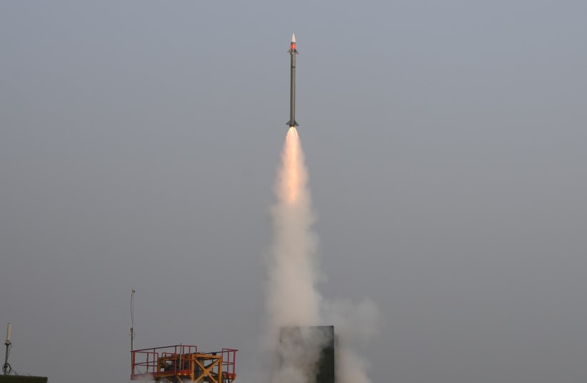 An Israeli MRSAM missile during a test in 2020 (photo credit: IAI)
