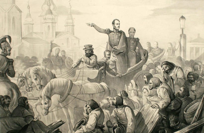 A DRAWING OF Nicholas I of Russia quelling a riot on the Sennaya Square in 1831 during civil disturbances associated with an outbreak of the cholera epidemic.  (photo credit: Wikimedia Commons)