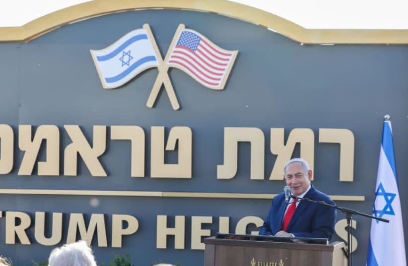 Prime Minister Benjamin Netanyahu introduces the new Golan Heights community of Ramat Trump, or Trump Heights, in honor of President Donald Trump to thank him for recognizing Israel’s sovereignty over the strategic territory, June 16, 2019. (David Cohen/Flash90) (photo credit: DAVID COHEN/FLASH 90)