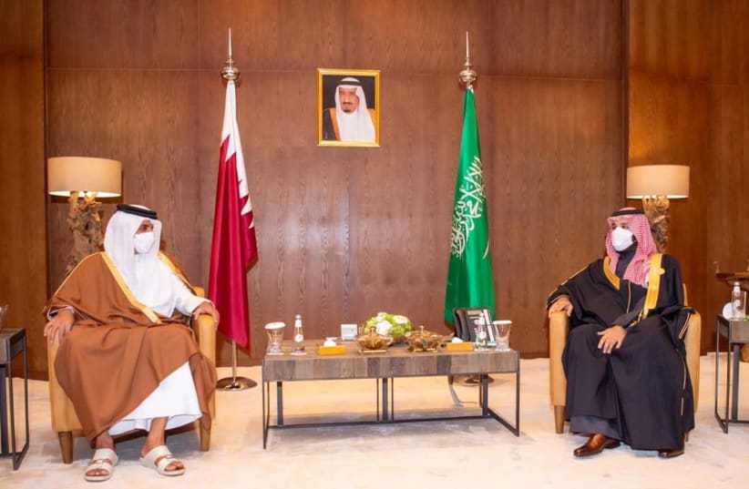 SAUDI ARABIAN Crown Prince Mohammed bin Salman (right) meets Qatar’s Emir Sheikh Tamim bin Hamad al-Thani in Saudi Arabia last week.  (photo credit: REUTERS)