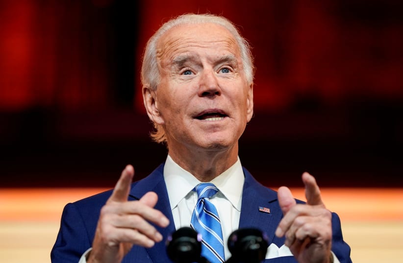 US President-elect Joe Biden delivers a pre-Thanksgiving address at his transition headquarters in Wilmington, Delaware, US, November 25, 2020.  (photo credit: REUTERS/JOSHUA ROBERTS/FILE PHOTO)