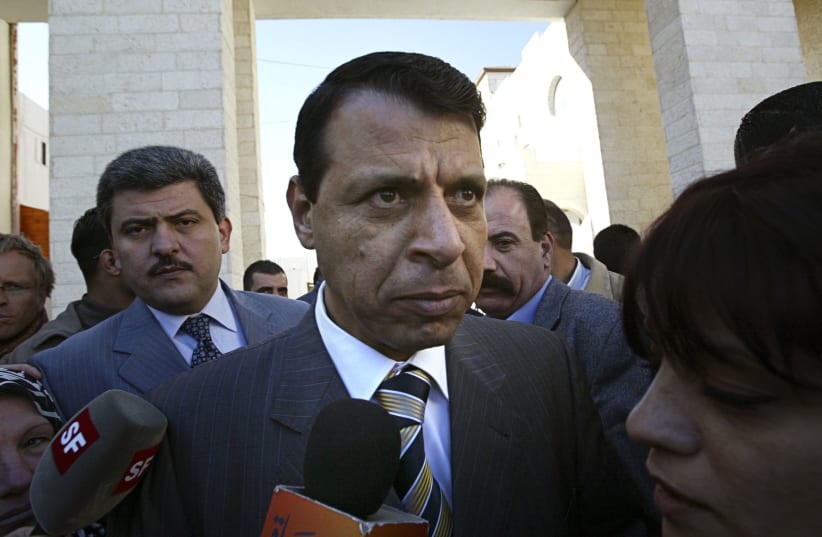 Mohammed Dahlan as he speaks to the press after the speech of Palestinian President Mahmoud Abbas in the west bank city of Ramallah on December 16, 2006. (photo credit: MICHAL FATTAL/FLASH 90)