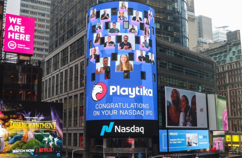 Playtika logo projected in times square during the IPO opening ceremony in New York (photo credit: Courtesy)
