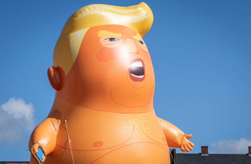 Baby Trump blimp flies at Kongens Nytorv, despite the fact that the US President Donald Trump has cancelled his visit to Denmark, in Copenhagen, Denmark, September 2, 2019. (photo credit: RITZAU SCANPIX/VIA REUTERS)