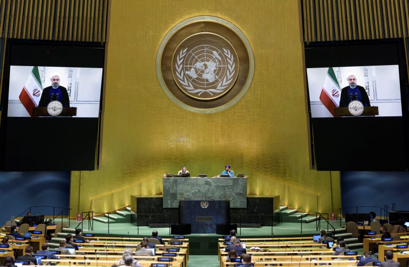 President of Islamic Republic of Iran Hassan Rouhani speaks virtually during the 75th annual UN General Assembly, which is being held mostly virtually due to the coronavirus disease (COVID-19) pandemic in the Manhattan borough of New York City, New York, US, September 22, 2020. (photo credit: UNITED NATIONS/HANDOUT VIA REUTERS)