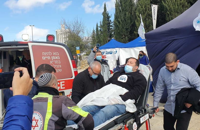 Samaria Regional Council head Yossi Dagan on his way to the hospital after fainting from hunger while protesting the government's failure to legalize the outposts, January 19, 2020 (photo credit: Courtesy)