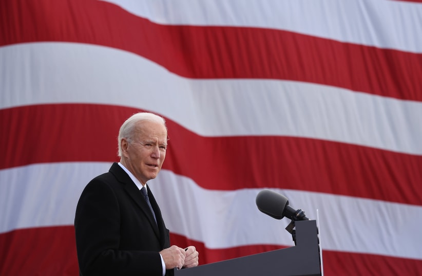 President-elect Joe Biden delivers remarks at the Major Joseph R. "Beau" Biden III National Guard/Reserve Center in New Castle, Del., Jan. 19, 2021 (photo credit: CHIP SOMODEVILLA/GETTY IMAGES)