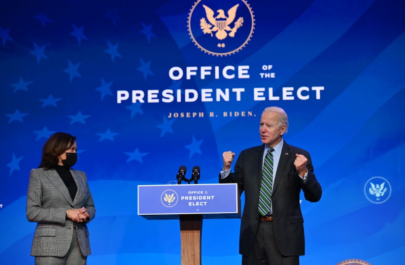 President-elect Joe Biden and Vice President-elect Kamala Harris at an event to announce nominees for their science team in Wilmington, Del., Jan. 16, 2021. (Angela Weiss/AFP via Getty Images) (photo credit: GETTY IMAGES)