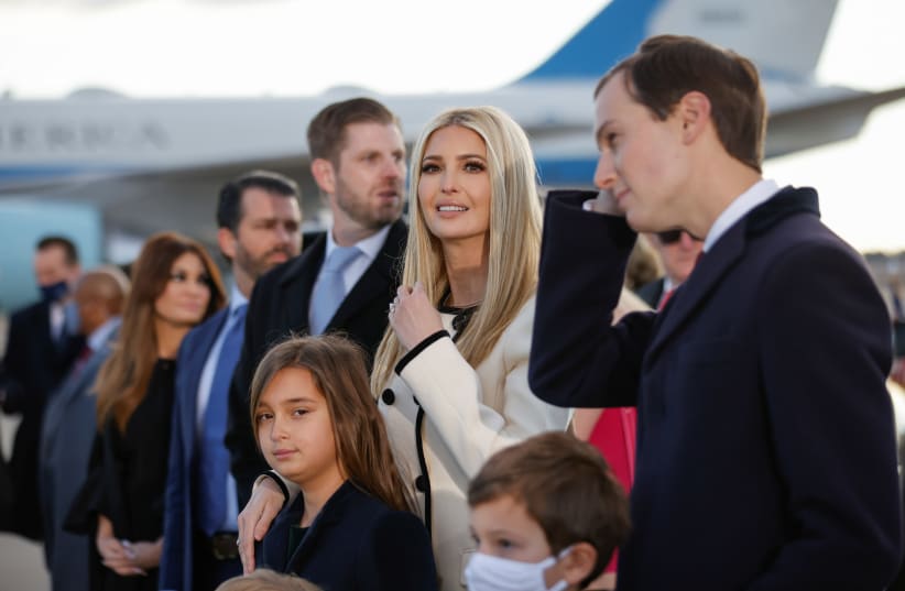 Ivanka Trump and Jared Kushner attend the departure ceremony of US President Donald Trump at the Joint Base Andrews, Maryland, US, January 20, 2021.  (photo credit: CARLOS BARRIA / REUTERS)