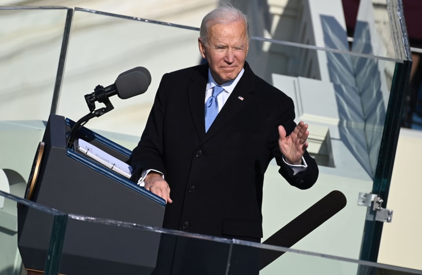 U.S. President Joe Biden gives a speech after being sworn in as the 46th U.S. President in Washington, U.S., January 20, 2021. (photo credit: SAUL LOEB/POOL VIA REUTERS)