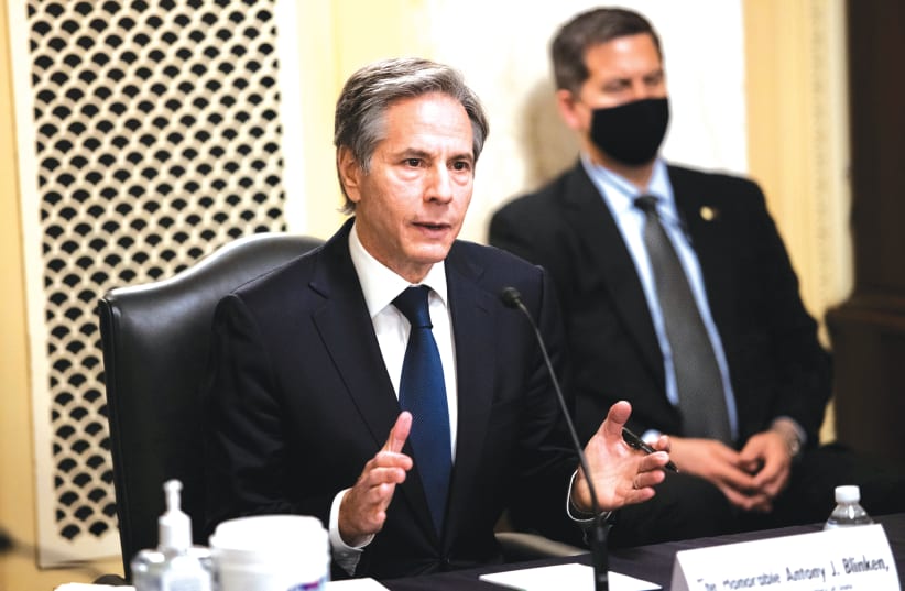ANTONY J. BLINKEN speaks during his confirmation hearing before the US Senate Foreign Relations Committee in Washington, DC, on Tuesday.  (photo credit: GRAEME JENNINGS/POOL VIA REUTERS)
