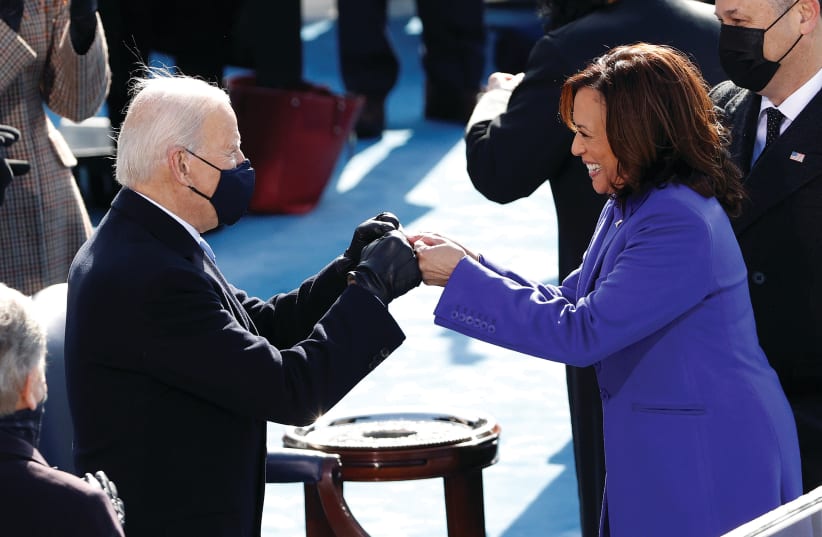 PRESIDENT JOE BIDEN and Vice President Kamala Harris during Wednesday’s inauguration on the West Front of the US Capitol in Washington. (photo credit: BRENDAN MCDERMID/REUTERS)