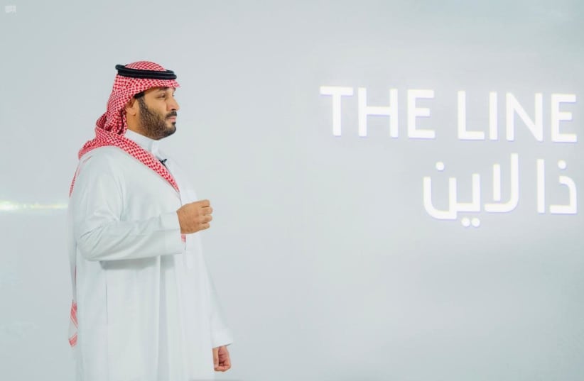 Mohammed bin Salman’s announcement of The Line (photo credit: SAUDI PRESS AGENCY)
