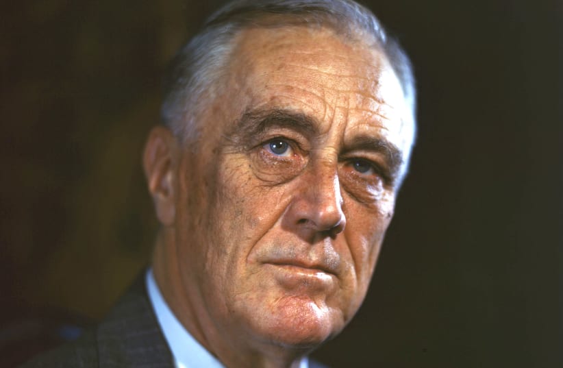 US President Franklin Delano Roosevelt (Original color transparency of FDR taken at 1944 Official Campaign Portrait session by Leon A. Perskie, Hyde Park, New York, August 21, 1944. Gift of Beatrice Perskie Foxman and Dr. Stanley B. Foxman. August 21, 1944). (photo credit: WIKIPEDIA)
