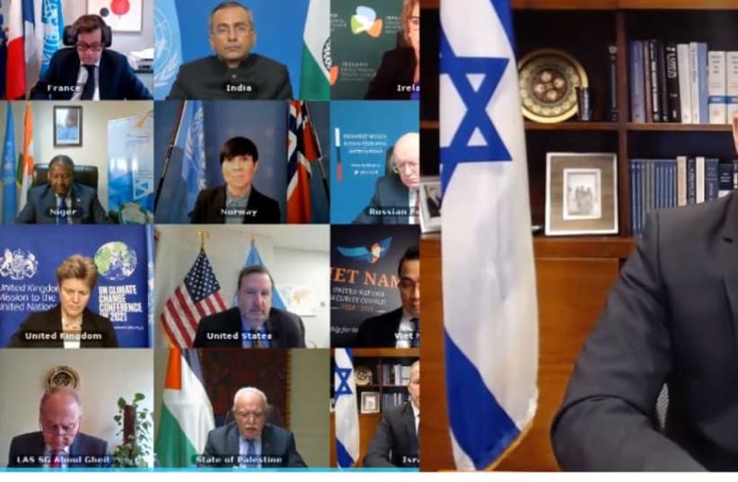 Israel's Ambassador to the UN, Gilad Erdan addresses a virtual UNSC meeting Tuesday. (photo credit: COURTESY ISRAEL'S UN MISSION IN NEW YORK)