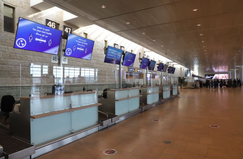 The departure hall of an almost empty Ben-Gurion Airport, January 25, 2021.  (photo credit: YOSSI ALONI/FLASH90)