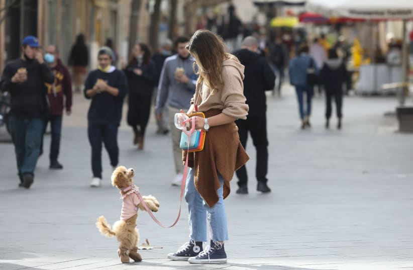 A woman and her dog are seen on Jaffa Street in Jerusalem after the coronavirus lockdown ends, on February 8, 2021. (photo credit: MARC ISRAEL SELLEM/THE JERUSALEM POST)