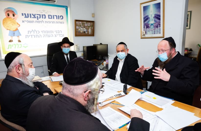 Rabbis and experts meeting to discuss the list of kosher for Passover medicine.  (photo credit: Courtesy)