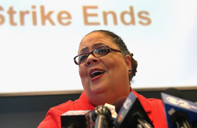 Karen Lewis holds a press conference after Chicago Teachers Union delegates voted to end their 2012 strike (photo credit: SCOTT OLSON/GETTY IMAGES/JTA)
