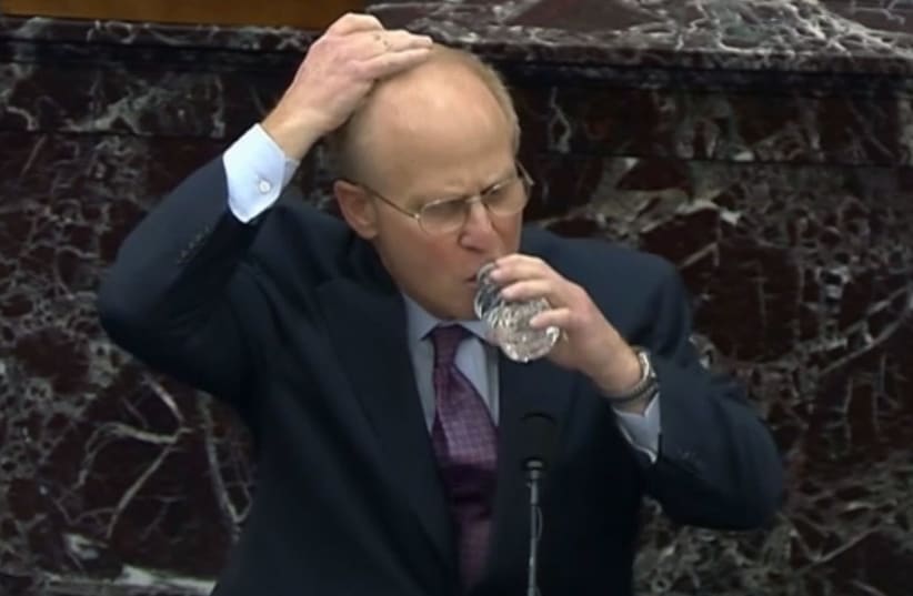 Trump's impeachment lawyer David Schoen covering his hand with his head before drinking water (photo credit: SCREEN CAPTURE FROM CNN LIVE BROADCAST/JTA)